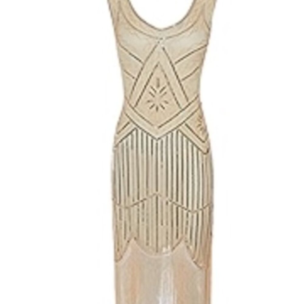 Unique Vintage 1920s Flapper Fringe Beaded Sequins Fringe Ivory dress Sz M #25 - Picture 3 of 6